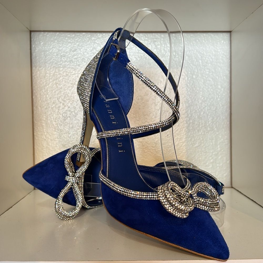 Gianni Bini Ezlynn Rhinestone Embellished Bow Suede Pointed Toe Blue Party Heels